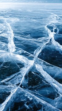 Transparent frozen lake surface with intricate cracks and deep blue winter ice extending into the distance under a cold sky