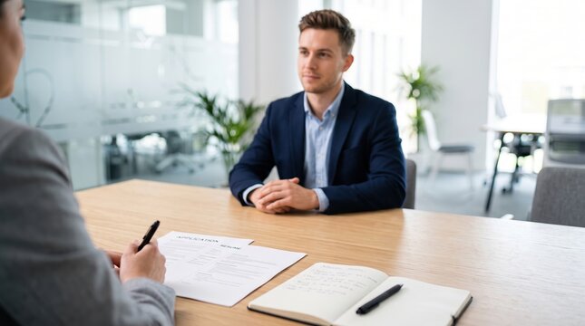 Recruiter reviews resume and takes notes while interviewing a male candidate in a business office setting during the day to evaluate his professional