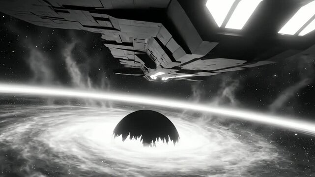 Futuristic spacecraft orbiting a black hole in deep space