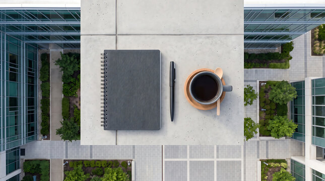 Aerial view of a dark grey spiral notebook, a black pen, and a cup of coffee on a light concrete ledge overlooking a modern office building courtyard
