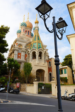 Russian Orthodox Church of Christ the Saviour with golden onion domes in Sanremo, Liguria, Italian Riviera, Italy