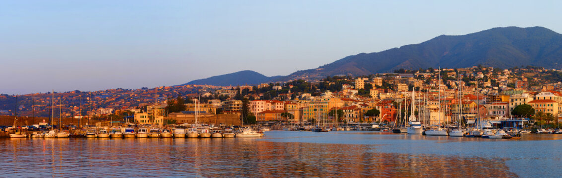 Panoramic view of Sanremo at sunrise. Italy.