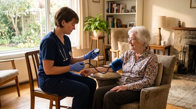 Nurse checks elderly woman's blood pressure at home