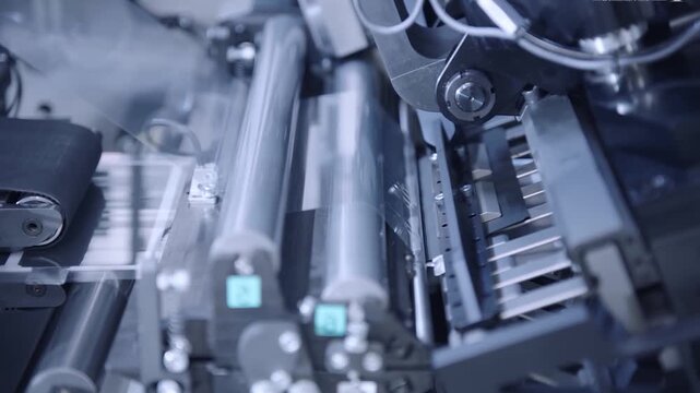 Blue toned macro view of industrial machinery in high tech factory showing gears rollers belts and chrome metal rails under cool lighting