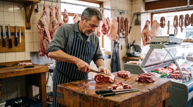 Butcher preparing raw meat cuts on a wooden block in a traditional shop