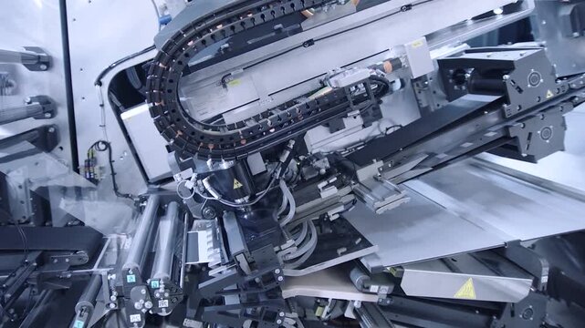 Automated factory machine interior with curved segmented cable carrier arching over bundled wiring, pneumatic tubing, and conveyor guides during precision assembly