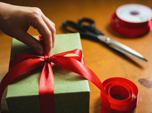 Hands tying a red ribbon bow on a wrapped gift box