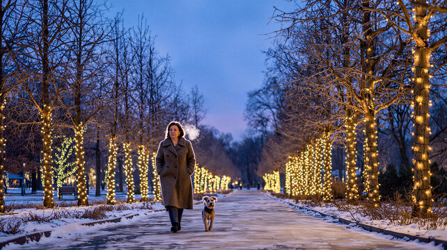 Woman walking dog through illuminated park at blue hour