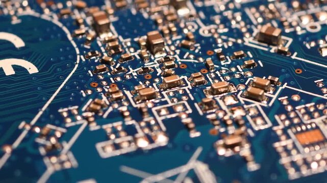 Macro View of Blue Circuit Board Dense with Surface Mount Components Copper Traces Solder Pads in Industrial Tech Aesthetic Highlighting Precision Microelectronics Detail and Warm Reflections