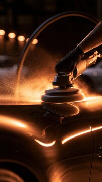 Professional gloved hand polishing a sleek dark car surface with an electric buffer creating a dynamic glow and dust particles in warm ambient lighting