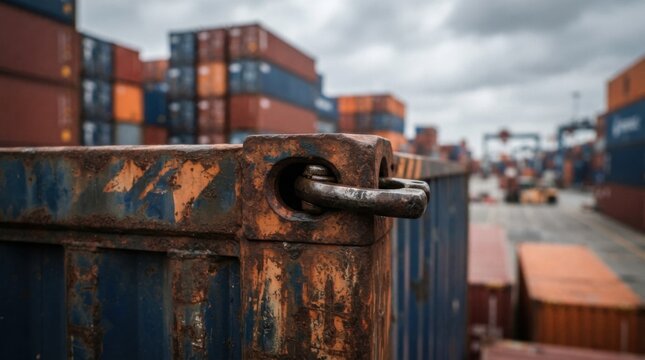 Weathered rusted shipping container corner casting with twist lock fitting engaged among blurred container stacks at port