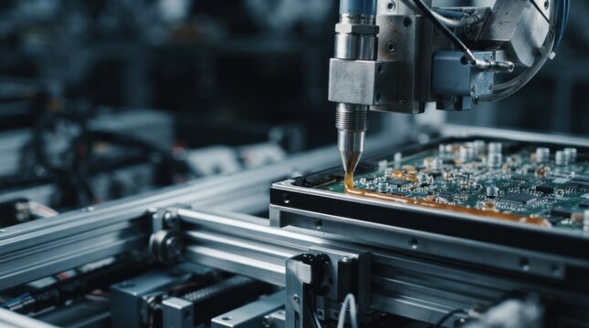 Robotic arm nozzle dispensing a precise adhesive bead onto a circuit housing on an automated production line