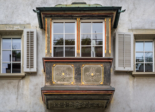 Ornate Erker balcony with a geometric design in Zurich, Switzerland