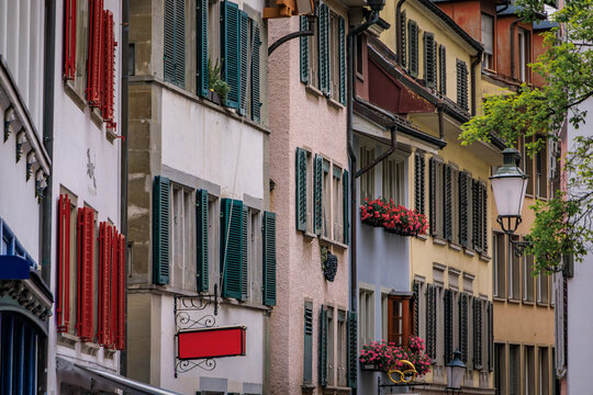Historic old town street with traditional architecture in Zurich, Switzerland