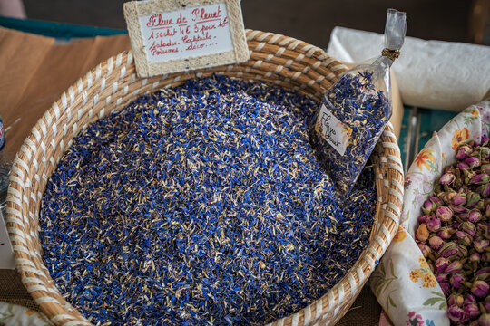 Pink rose buds for teas, cocktails and cooking at a market in Antibes, France