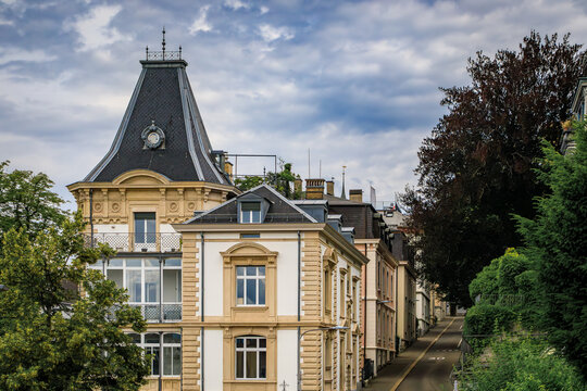 Historic old town street with traditional architecture in Zurich, Switzerland