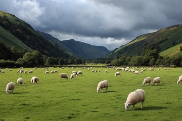 Obraz premium Vibrant green pasture with grazing sheep under a clear blue sky in nature s serenity