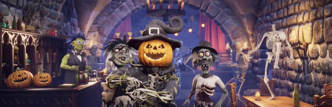 Funny scarecrow with pumpkin head and skeleton body and spooky zombies dancing at Halloween party in a gothic dungeon pub, 3D animation