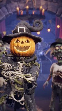 Funny scarecrow with pumpkin head and skeleton body and spooky zombies dancing at Halloween party in a gothic dungeon pub, 3D animation