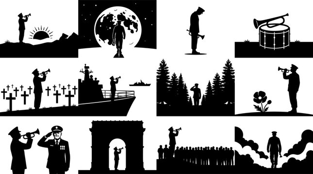Military Bugler Silhouette Collection, Memorial Day Remembrance Icons, Vector Illustration Set for Veterans Day Commemoration and Patriotic Design