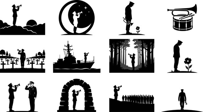 Military Bugler Silhouette Collection, Memorial Day Tribute Icons, Vector Illustrations of Soldiers Playing Taps for Remembrance