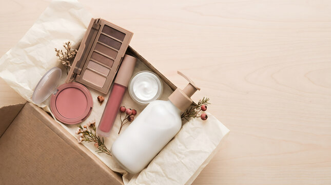 Unboxing limited edition beauty bundles filled with makeup cosmetics and skincare products on a wooden table.