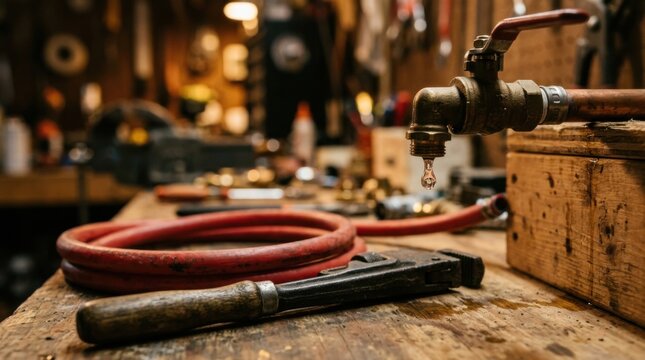 Coiled PEX tubing, pipe wrench and a water droplet from a brass valve on a workbench, representing plumbing service and home repair.