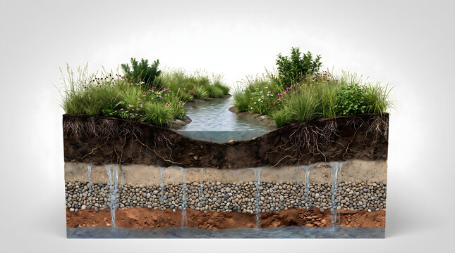 Cross section diagram of bioswale showcasing stormwater management, soil layers, vegetation, and drainage