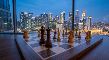 Naklejka na ściany i meble Low angle shot of a wooden chess board with pieces arranged on a table in front of a floor-to-ceiling window overlooking a glowing singapore city skyline at dusk