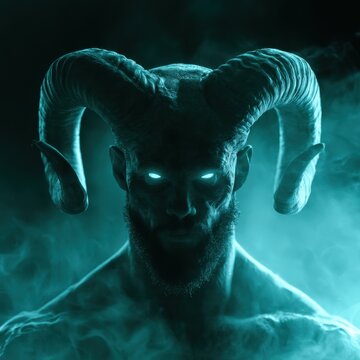 Mysterious dark figure with glowing eyes and large twisted horns emerging from eerie blue fog in a fantasy horror setting