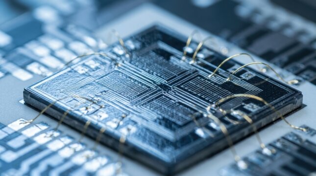 Macro shot of a silicon wafer die with etched electrode sensor arrays and gold bond wires under cleanroom blue light