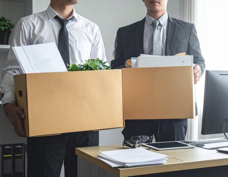 Two Businessmen Holding Cardboard Boxes with Personal Belongings After Resignation or Layoff in Office