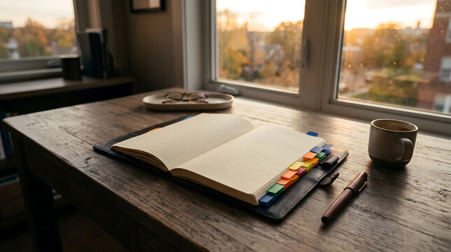 Open blank planner with colorful index tabs on a rustic wooden desk, next to a coffee mug and fountain pen, positioned by a window at sunset