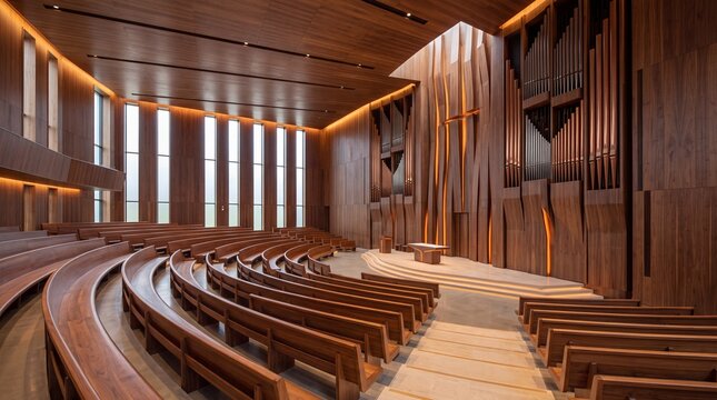 Modern wooden church interior with curved pews, organ pipes, altar platform and warm architectural lighting in a contemporary chapel sanctuary