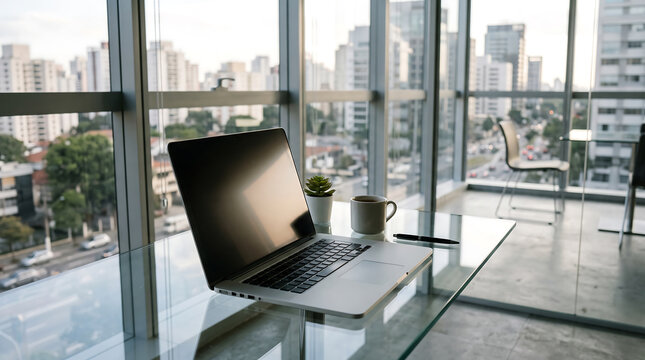 Open laptop computer, a small potted succulent, and a coffee mug on a glass desk in a high-rise office overlooking a city skyline