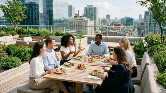 Business friends having lunch on rooftop terrace
