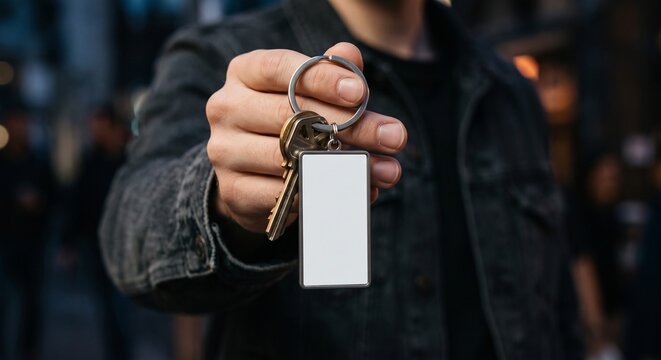 A young man holds out a metal keyring with keys and a blank white rectangular keychain mockup in moody low-key lighting.