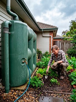 Rainwater Tank and Home Vegetable Garden After Rain