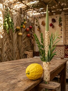 Festive ritual bundle and citrus fruit on a rustic table