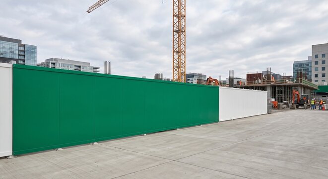 Blank green and white construction hoarding fence mockup at an urban building site with tower crane under daylight.