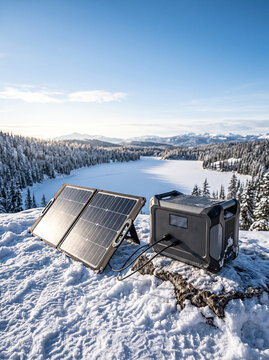 folding solar panel and portable battery stand on a snowy mountain slope overlooking a frozen lake and winter snowy forest modern autonomous power supply in nature