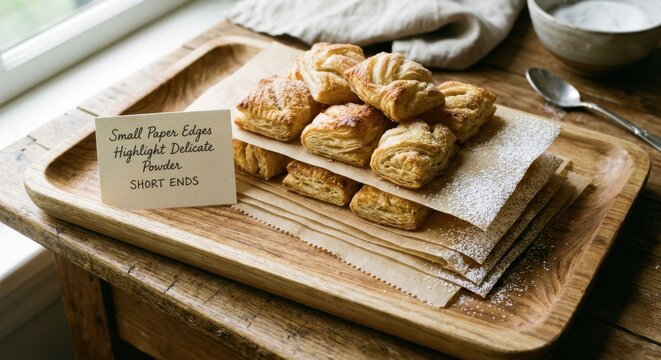 Fresh golden puff pastries dusted with powdered sugar on a rustic wooden tray with parchment paper and a small descriptive note in a bright kitchen.