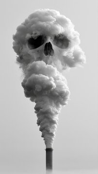Industrial smoke rising from a chimney forming an ominous skull shape symbolizing environmental pollution and the dangers of air contamination