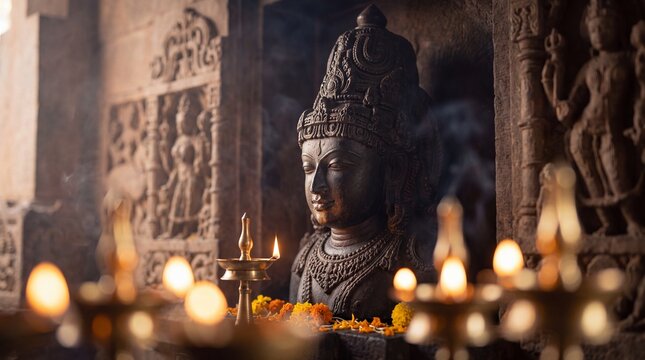 Ancient Hindu deity statue in a carved stone temple shrine with glowing oil lamps, marigold offerings, incense smoke and warm devotional light