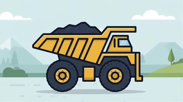 Heavy Mining Dump Truck Animated Vector Loop Video: Animated vector illustration loop of a yellow heavy mining dump truck carrying materials for construction, mining, and civil engineering projects.