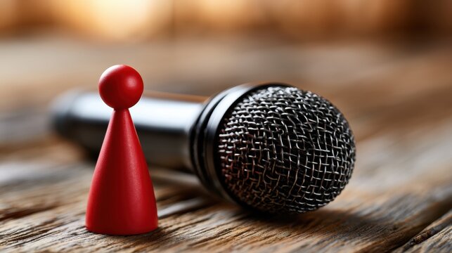 Red game pawn standing beside a black microphone on a wooden surface symbolizing communication, voice, and public speaking concepts in soft lighting
