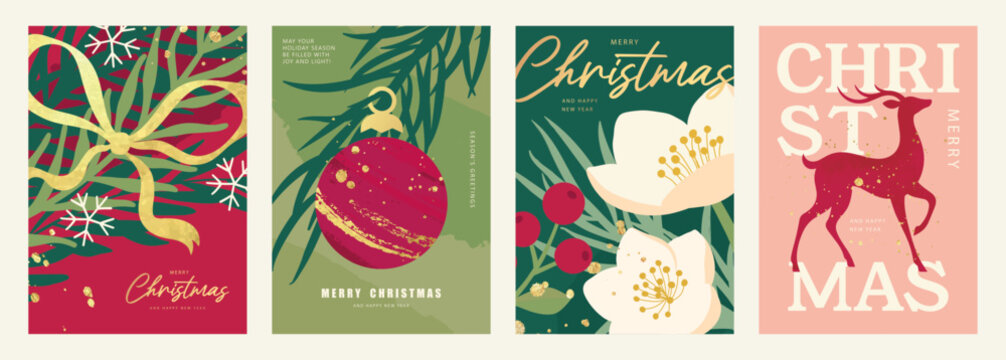 Set of Christmas and New Year greeting cards in a modern botanical style with a golden ribbon bow, snowflake, decorative Christmas bauble, Christmas rose, red berry, evergreen foliage and reindeer sil