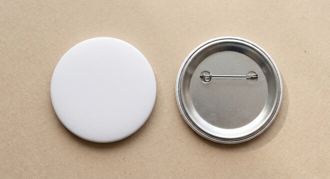 Top-down mockup of two round pinback buttons on a beige background, one blank white and one with a silver safety pin back.