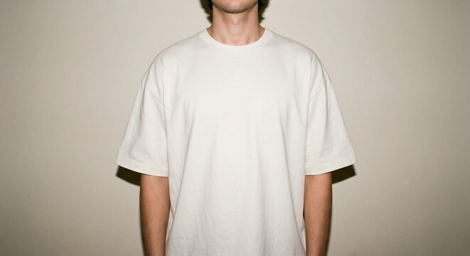 Front view mockup of an oversized off-white crew-neck t-shirt worn by a young man against a neutral wall with flash shadows.