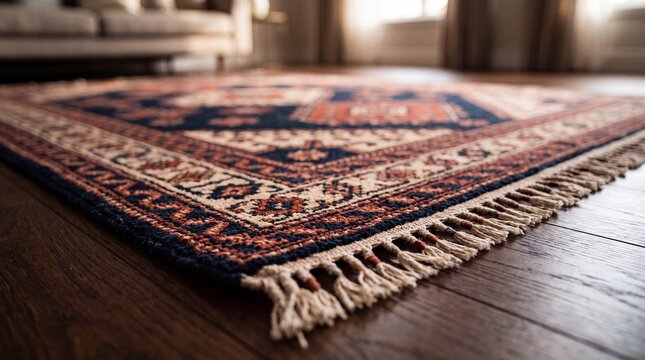 Close-up of patterned oriental rug with fringed edge on hardwood floor in cozy living room with warm sunlight and shallow depth of field indoors